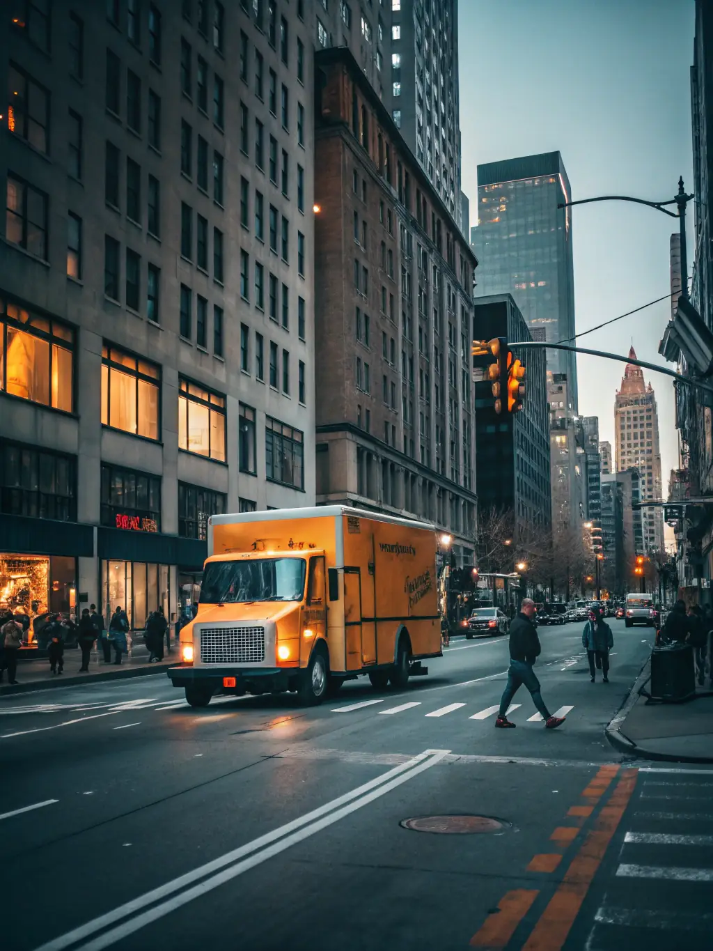 A commercial truck on a busy city street, symbolizing reliability and security with Key Agency's commercial vehicle insurance.