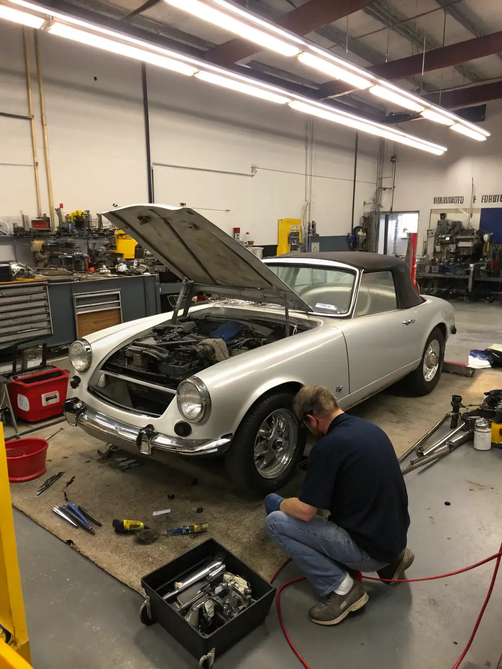 A classic car being carefully restored in a garage, representing care and protection with Key Agency's classic car insurance.