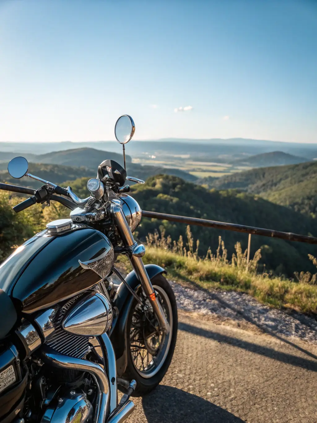 A motorcycle parked in front of a scenic mountain road, representing adventure and protection with Key Agency's motorcycle insurance.